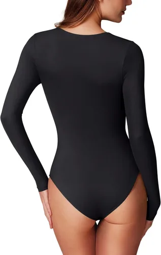 Vista 3 de REORIA - Body sexy de manga larga con cuello cuadrado y doble forro para mujer