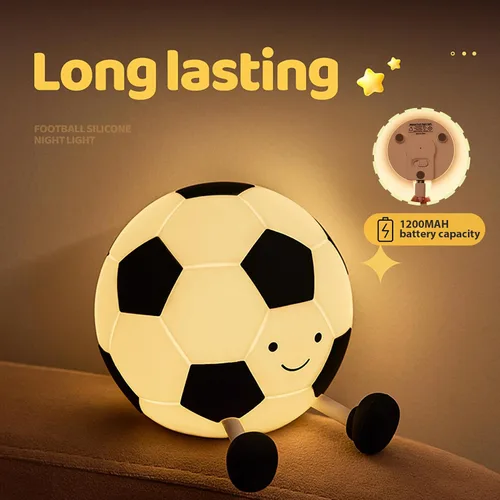 Vista 6 de Luz nocturna de fútbol AGEK para niños, lámpara de fútbol de dibujos animados de silicona para guardería con 3 niveles de atenuación, lámpara