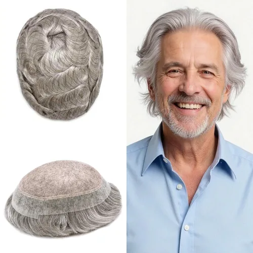 Vista 63 de Toupee para hombres Piezas de pelo fino mono para hombre Toupee sistema de reemplazo de pelo para hombres línea capilar natural para hombre postizo