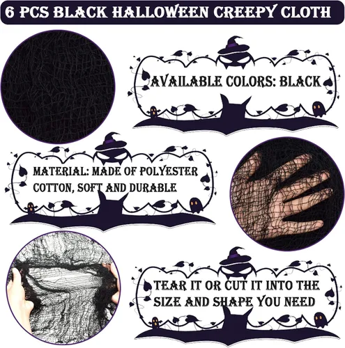 Vista 3 de ZeeDix Paquete de 6 paños espeluznantes negros de Halloween de 30 x 75 pulgadas, decoración de Halloween, tela de gasa espeluznante negra