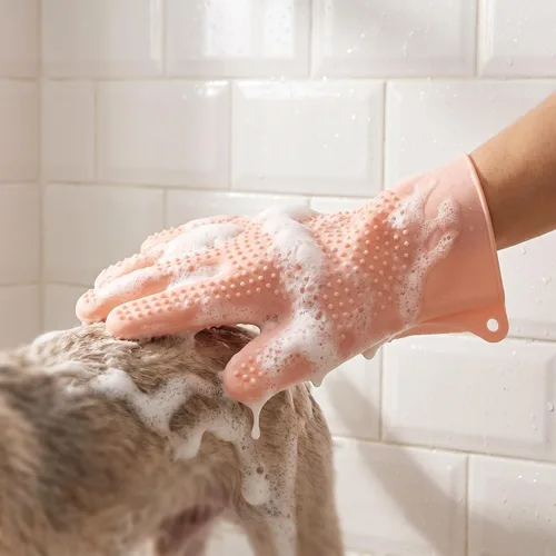 Vista 5 de PET Bathing Glove for Easy One Hand Use, Silicone Pink