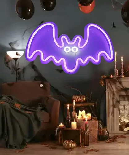 Vista 2 de Letrero LED de neón con forma de murciélago, luz de neón morada para fiestas, bares y decoración del hogar