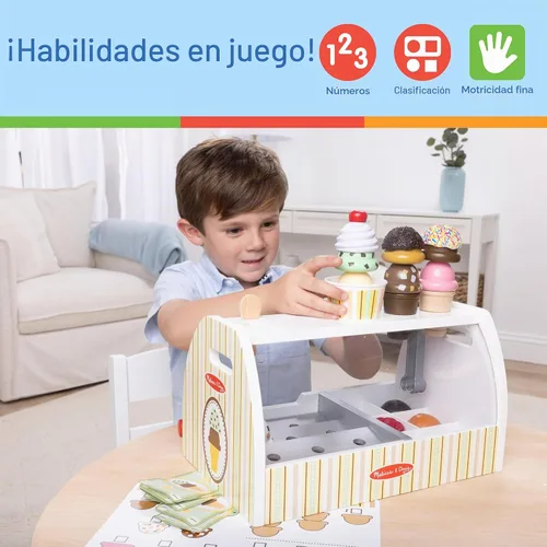 Vista 5 de Melissa & Doug - Encimera de helados de madera con cuchara para servir, juego de tienda de simulación, 28 accesorios de comida y cocina de juguete