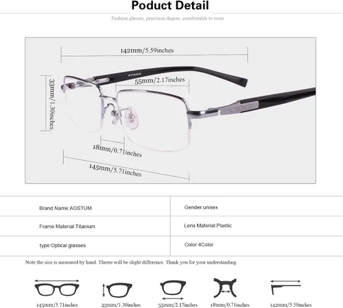 Vista 7 de Agstum Gafas ópticas de titanio con montura de media llanta 55-18-145