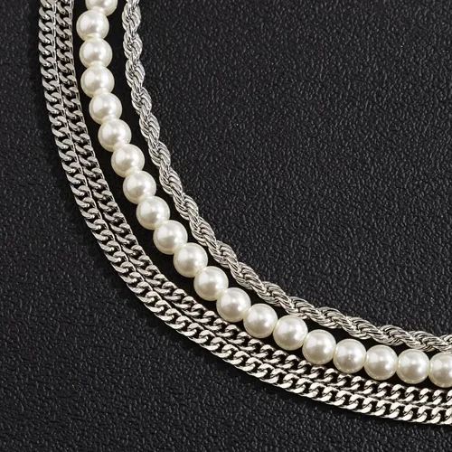 Vista 5 de YERTTER Collar gótico de cadena de plata de 4 capas para hombre, cadena de perlas, cadena gruesa, cadena torcida, cadena plana, gargantilla