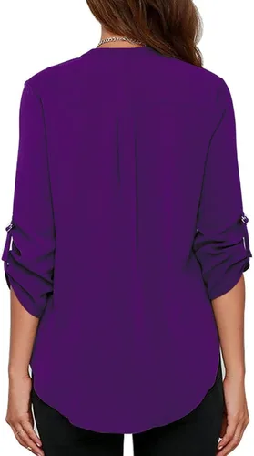 Vista 2 de ROSWEAR - Blusa de gasa para mujer, cuello en V, mangas con puños