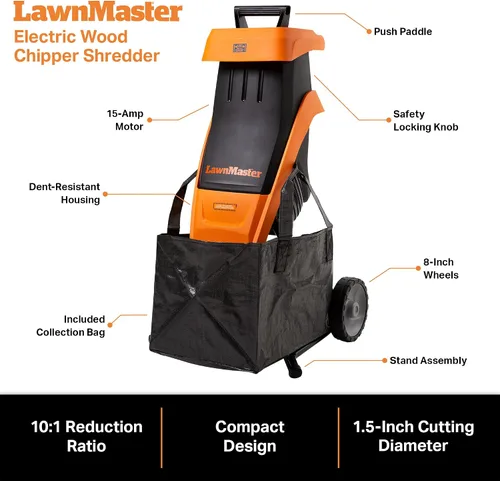Vista 6 de LawnMaster FD1501 trituradora eléctrica de madera 15 amperios, diámetro de corte de 1.5 pulgadas, reducción máxima 10:1