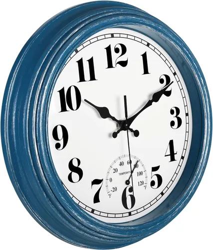 Vista 3 de JENLYSTIME Reloj de pared retro impermeable de 12 pulgadas para interior/exterior con termómetro, silencioso, redondo, de cuarzo, funciona con 40