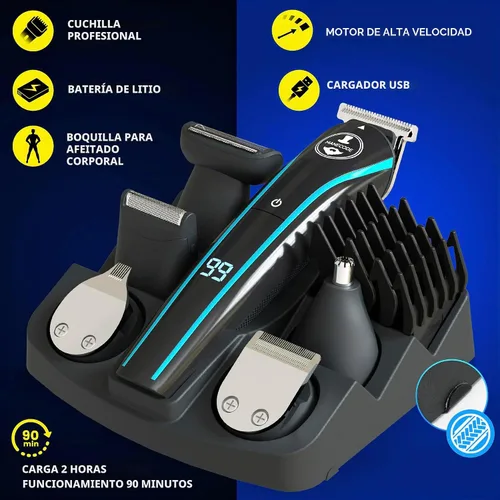 Vista 3 de MANECODE® Cortadora de barba y cabello para hombres – Self-Sharp Blades® USB-C, impermeable, pantalla LED, kit de aseo múltiple
