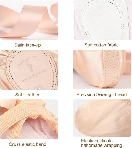 Vista 3 de Zapatos de ballet para niñas, zapatillas de ballet rosas con suela dividida de satén para mujer, zapatos de baile planos con cinta para yoga