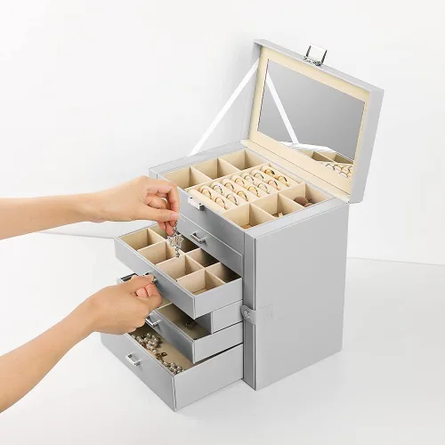 Vista 3 de Frebeauty Joyero grande, organizador de joyas de piel sintética de 6 niveles con cerradura, estuche de almacenamiento multifuncional con espejo