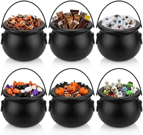 Vista 25 de PMU Caldero de Halloween 6 piezas de 3 pulgadas pequeño de bruja de plástico para caldero negro, para decoración de Halloween