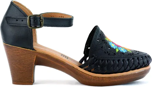 Vista 2 de Zapatos Mexicanos de Piel con Flores Bordadas, con Tacones para Mujer - Modelo 102BL