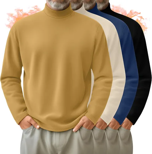 Vista 14 de Paquete de 4 Camisas de Cuello Alto Simulado para Hombre, Suéter Pullover Térmico de Manga Larga, Camiseta Interior Casual de Ajuste Holgado