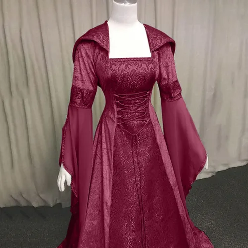 Vista 6 de SHOPESSA - Vestido gótico con capucha medieval, vestido renacentista, manga con volantes, estilo victoriano, con corsé, rojo