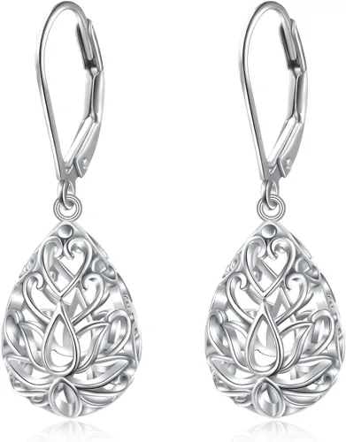 Vista 50 de Aretes colgantes de filigrana de plata de ley 925, margarita, loto, flor de rosa, piedra lunar, lágrima para mujer, nudo celta infinito, margarita