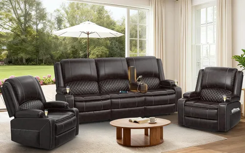 Vista 22 de Sofá reclinable de 3 plazas, sofá reclinable con consola elevable (tela, azul) Reclining Sofa with USB Removable Armrest, RV Sofa with Cup Holder