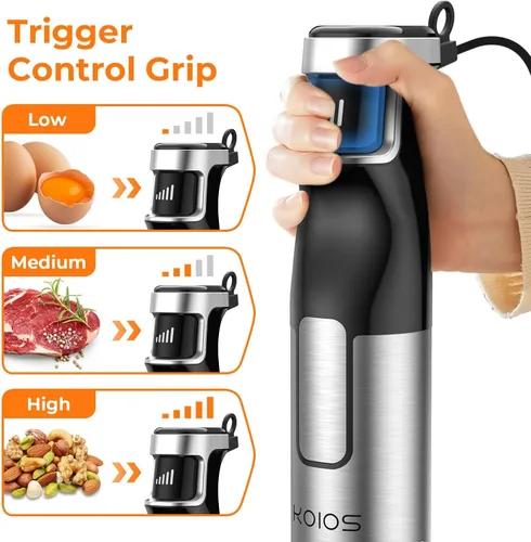 Vista 2 de KOIOS Batidora de inmersión de mano – Disparador de velocidad variable 5 en 1 batidora de mano de inmersión 1100 W, eje de acero inoxidable
