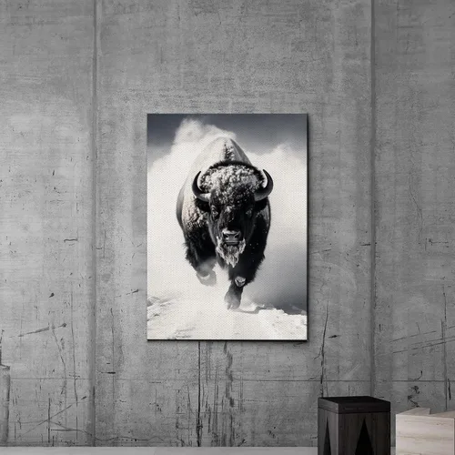 Vista 6 de Lienzo enmarcado para pared, diseño de búfalo de bisonte blanco y negro, animales de paisaje, vida silvestre, arte digital, realismo, decorativo