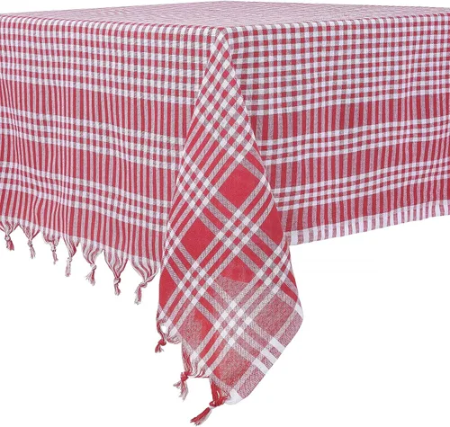 Vista 7 de DESTALYA Mantel a cuadros de 63 x 63 pulgadas, 100% algodón, a cuadros, con flecos de borlas, decoración rústica de cocina y comedor (rojo y blanco)