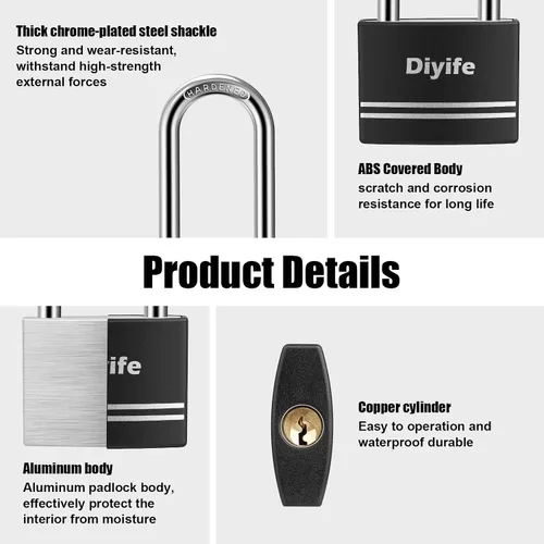 Vista 4 de Diyife [Versión mejorada] Candado de aluminio con llave - Candado de grillete largo impermeable con 2 llaves para escuela, casillero de gimnasio