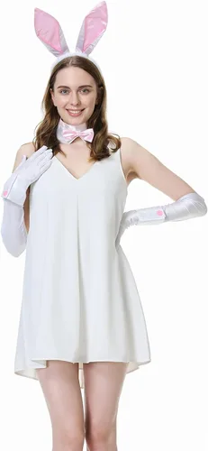 Vista 5 de Conjunto de disfraz de conejo con diadema de orejas de conejo, corbatín, cuello, puños y cola, conjunto de accesorios de conejo de Halloween
