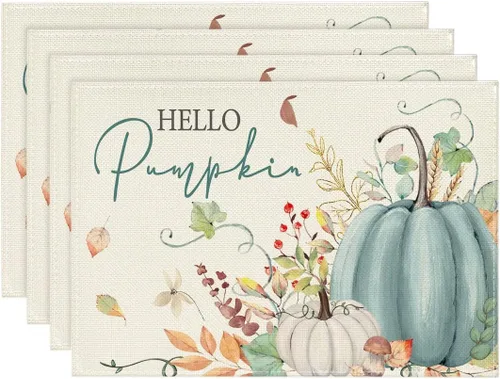 Vista 11 de Artoid Mode Juego de 2 manteles individuales de otoño de 12 x 18 pulgadas con diseño de hojas florales de calabaza naranja y calabaza