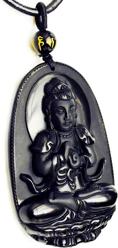 Vista 5 de Collar con dije de Buda. Collar con amuleto talismán Bodhisattva de Buda, de obsidiana., sin metal, 0580