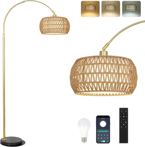 Vista 14 de Lámparas de pie arqueadas para sala de estar con 3 temperaturas de color, lámpara de pie negra con control remoto y bombilla LED regulable, lámpara