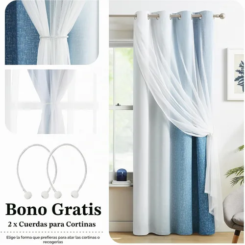 Vista 6 de Cortinas 100% opacas con superposición de gasa Mix and Match de doble capa, 54 pulgadas de largo, 2 paneles para dormitorio y sala de estar, azul