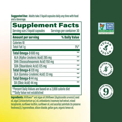 Vista 2 de MegaFood Suplemento vegano Omega 3 6 9 sin eructos - 600 mg de Omega 3 a base de plantas y 150 mg de DHA por porción - Soporte para corazón