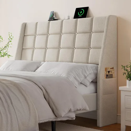 Vista 10 de Cabecera ergonómica tapizada de tamaño completo con estación de carga, cabeceros wingback de lino con bolsillo de almacenamiento, solo cabecero