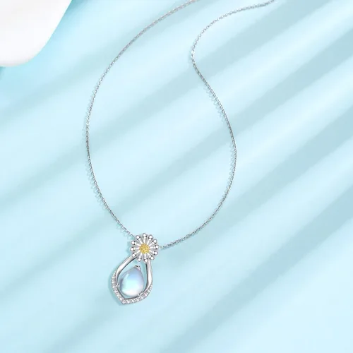 Vista 2 de Midir&Etain Collar de margaritas de plata de ley 925 con piedra lunar y lágrima, joyería floral de moda, regalos para mujeres y novias, Plata