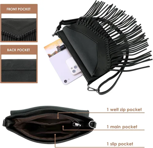 Vista 4 de HDE - Bolso de piel sintética para mujer, diseño de flecos