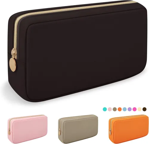 Vista 33 de Iqimott Bolsa Grande de Maquillaje de Nylon, Neceser de Viaje, Bolsa Grande de Cosméticos Preppy, Organizador de Maquillaje de Nylon, Bolsa de Beige