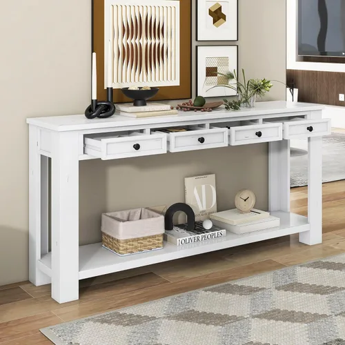 Vista 2 de LKTART - Mesa consola de 63 pulgadas para entrada, mesa de sofá de madera maciza con 4 cajones Blanco antiguo