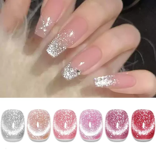 Vista 35 de Born Pretty Esmalte de uñas de gel magnético de ojos de gato verde, 6 colores brillantes con purpurina de cristal holográfico, salvia, oliva