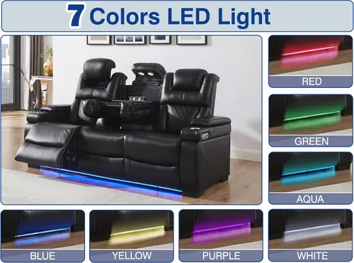 Vista 6 de THSUPER Sofá reclinable de cuero transpirable con luz LED de 7 colores, sillón reclinable para sala de estar con reposacabezas ajustable, luz