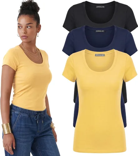 Vista 80 de Emmalise - Camiseta de manga corta para mujer, cuello redondo, estilo básico, pack de valor, tallas junior y grandes