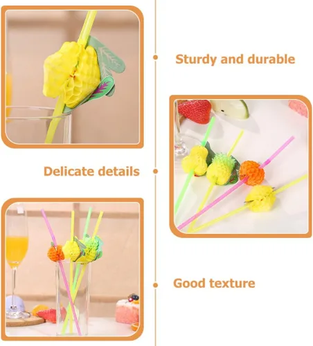 Vista 8 de Kichvoe Paquete de 60 pajitas de fiesta con temática hawaiana, agitadores de bebidas en forma de fruta para niños y niñas, pajitas de plástico