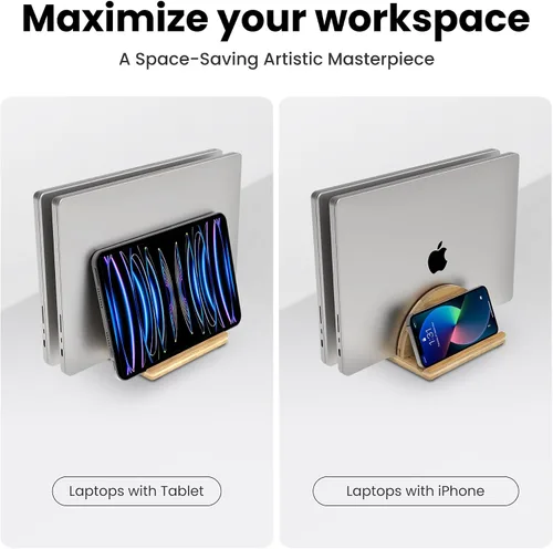Vista 7 de Kothar Soporte vertical de madera prémium para laptop, soporte de bambú ajustable de doble ranura para MacBook, Dell, HP y más Organizador