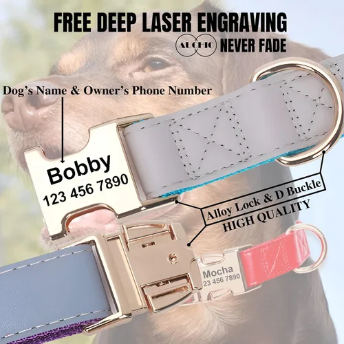 Vista 2 de Custom Large Dog Collar Solid Color Personalized Pet Collar Leather & Nylon Puppy Dogs ID Collars Engraved Name for Small Medium Large Dog