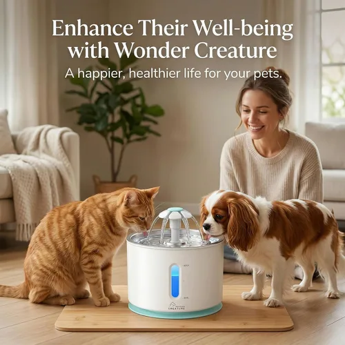 Vista 7 de Wonder Creature Fuente de agua para gatos, tapa de acero inoxidable, 81 oz