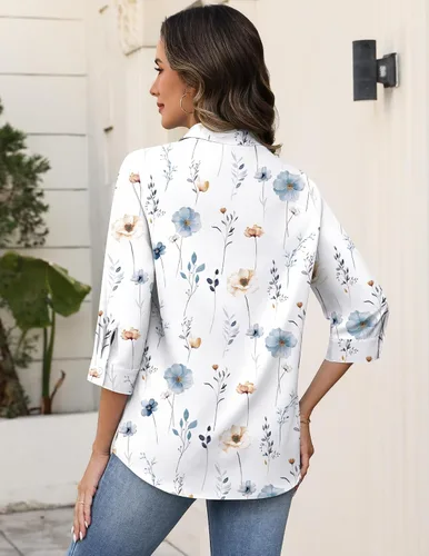 Vista 5 de Zeagoo Camisas con botones para mujer, manga 3/4, cuello en V, blusas con cuello en V, trajes casuales de negocios