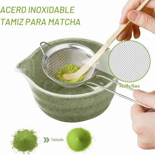 Vista 6 de Juego de batidor de matcha, cuenco de cerámica de 17 onzas con boquilla, cuchara de bambú y tamiz inoxidable, kit de 5 piezas de matcha verde jade