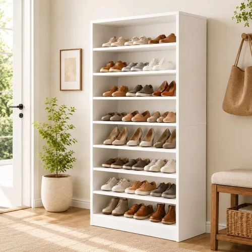 Vista 9 de Homieasy Armario de zapatos, organizador de zapatos de madera moderno de 5 niveles con 3 estantes ajustables para entrada, estante de exhibición