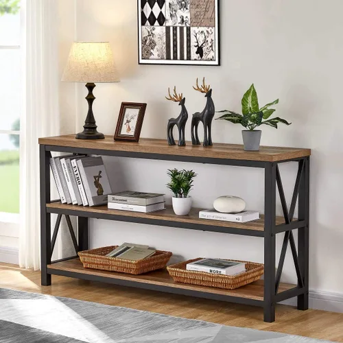 Vista 6 de FATORRI Escritorio para computadora en forma de L y mesa consola para sala de estar (roble rústico)