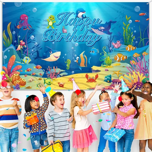 Vista 3 de Fondo de fiesta de cumpleaños bajo el mar, decoración de fiesta temática oceánica, fondo de fotos subacuáticas con delfín, tiburón, animales marinos