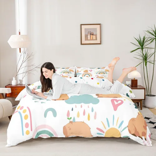 Vista 5 de Erosebridal Capybara - Juego de funda de edredón para dormitorio, 2 piezas, diseño de arco iris, tamaño individual, para niñas, funda de edredón