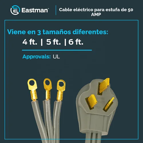 Vista 6 de Eastman Cable para estufa eléctrica de 5 pies, 50 amperios, 3 clavijas, 61242